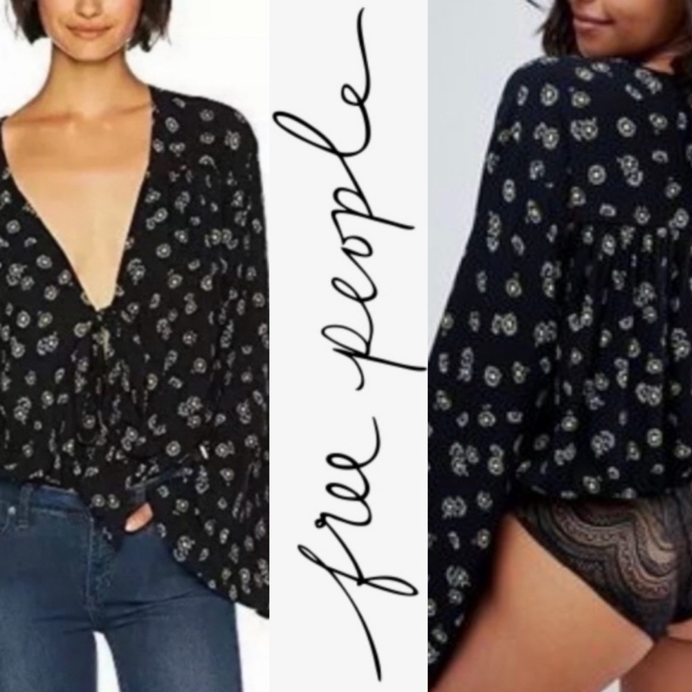 Free People Intimately Forties Feels Black Daisy Print Bodysuit- S